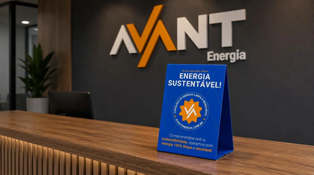 Recepção da AVANT Energia com placa de selo de consumo de energia limpa e renovável